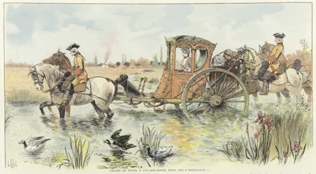 A woman riding in a horse-drawn carriage as it travels through a river