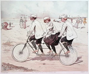 Tandem, three people cycling on the beach - drawing by L. Vallet