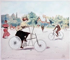 Woman on bike - drawing by L. Vallet