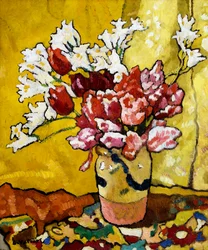 Vase, Tulips and White Flowers
