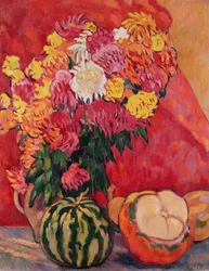 Vase of geraniums with melons