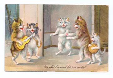 Cat Playing a Guitar with Three Other Cats and a Kitten, c.1910