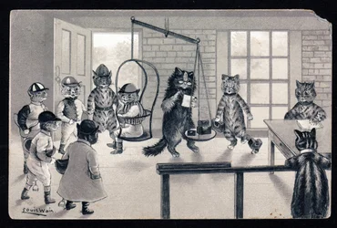 We enjoy the good weather. Animals in human posture. Cat as jockey being weighed on a scale. Postcard. Chromolithograph by Louis Wain, early 20th century. Private collection
