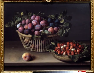 A Peach, Strawberries and a Basket of Fruit. Painting by Louise Moillon (1610-1696)