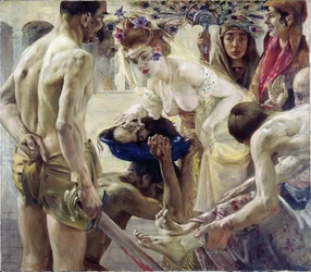 Salome. The biblical heroine, in a dance costume, receives the head of Saint John the Baptist on a platter, which Herod offers her as a reward for her charms.
