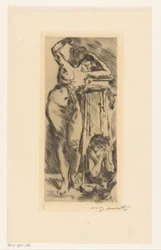 Female Nude with Fan in Hand and a Crouching Figure to Her Right