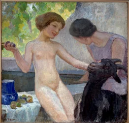 Naked Girl Playing with a Goat