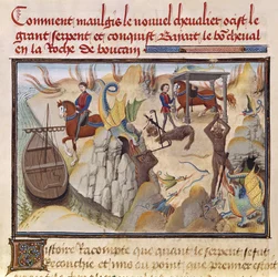 Maugis Fighting the Serpent and Gaining the Enchanted Horse, Bayard, from the Renaud de Montauban cycle