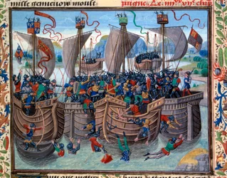 View of the Battle of Guernsey between French and English opposing Robert d
