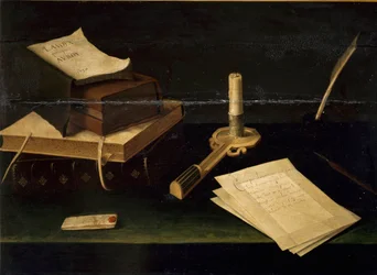 Still Life of Books, Feather, Letter and Candle