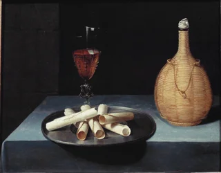 Still Life with Wafer Dessert of Biscuits, Wine Bottle and Glass