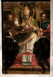 Genoa, Duomo (St Lawrence Cathedral): "St Gotthard between St Paul and St James and two kneeling devotees" (1571), by Luca Cambiaso (with repaintings by Carlo Giuseppe Ratti)