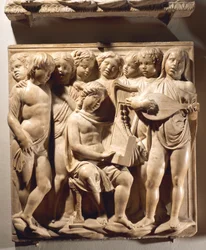 Laudate Eum in chordis et organo (Psalm 150, Laudate Dominum), panel with boys singing with organ, harp, and lute
