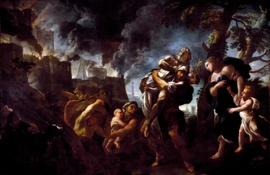 Aeneas fleeing Troy. Carrying Anchises, Aeneas fled the city after it fell into the hands of the Achaeans. 1675-1680. Genoa, Galleria Nazionale di Palazzo Spinola
