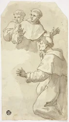 Three Startled Monks, One Kneeling, Two Standing