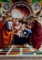 Circumcision. Among the characters represented: Saint Joseph, the Virgin Mary, Jesus Christ and Saint Simeon. Painting by Luca Signorelli (ca. 1445-1523)
