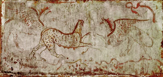 A fight between a panther and a griffin. Lucanian fresco from the 4th century BC, from the Tomb of the Horseman, necropolis of Paestum, Italy. Museo Nazionale Archeologico, Paestum
