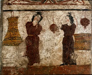 A Group of Dancers During a Funeral Rite, Lucanian Fresco, 4th Century BC, Necropolis of Paestum, Italy