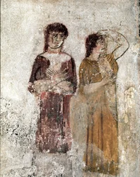 Portrait of two women. Lucanian fresco from the 4th century BC, from the Tomb of the Horseman, site of Paestum, Italy. Museo Nazionale Archeologico, Paestum