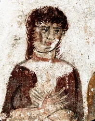 Portrait of a woman. Lucanian fresco from the 4th century BC, from the Tomb of the Horseman, archaeological site of Paestum, Italy. Museo Archeologico Nazionale, Paestum