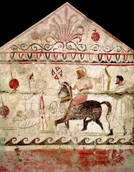 The return of the victorious warrior. Lucanian fresco from the 4th century BC, from Tomb 86 in the necropolis of Andriuolo at Paestum, Italy. Museo Nazionale Archeologico, Paestum
