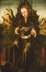 Saint Mary Magdalen seated on a Grassy Verge in a Mountainous Landscape