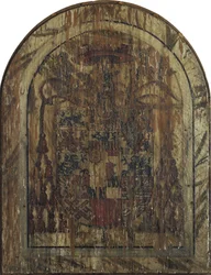 Christ as the Man of Sorrows, seated on a sarcophagus between the Virgin and St John