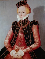 Portrait of Lady Young woman richly clothed, wearing a hat and jewel trim