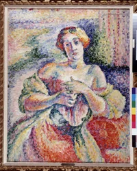 Woman in Pink and Blue, Young Elegante with Denuded Shoulder