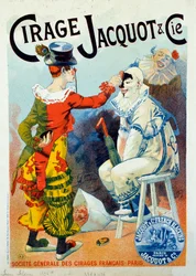 Advertising for Jacquot Polish. Two Clowns Making Up with Polish. Drawing by Lucien Lefevre. 1894 Paris. Arts Decoratifs - Advertisement for Wax Jacquot: Two Clowns Making Up with Shoe Polish, by Lucien Lefevre