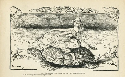 Illustration in Le Rire, 05/10/12 - The tortuous paths of peace Italo Turkish - War, Turkey, Italy, Peace - Turtle - Animation, Allegory