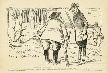 Illustration in Le Rire, 05/12/08 - Hunting in Rambouillet - Nature Vegetation, Hunting Hunter, President of the Republic, Rambouillet - Clemenceau Georges, Fallieres Armand (1841-1931), Deer