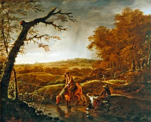 Hunters at rest with a horse and dogs by a stream