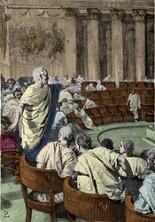 Cicero Denounces the Conspirator Catiline on 7 November 63 BC, during the Speech of the First Catilinarian. The Scene Takes Place in Rome in the Senate, Illustration by Pogliaghi