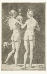 Two nude women with a skull and hourglass