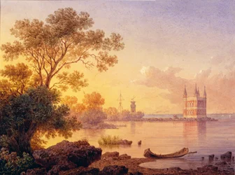 View of the Pink Pavilion (Ozerki) in Peterhof (Saint Petersburg)