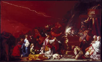 Sacrifice scene. Biblical figures gather around an altar. A lamb lies at the foot of the altar. Painting by Luigi Miradori, called Il Genovesino (ca. 1608-1655), 17th century, Parma, Galleria Nazionale