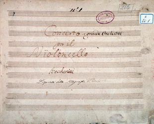 First Page Signed by the Author of the Score of Concerto for Cello and Orchestra in E Flat, by Luigi Boccherini