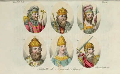Rurik, Igor of Kiev, Olga, Sviatoslav, Vladimir the Great, Ivan IV from Il costume antico by Giulio Ferrario