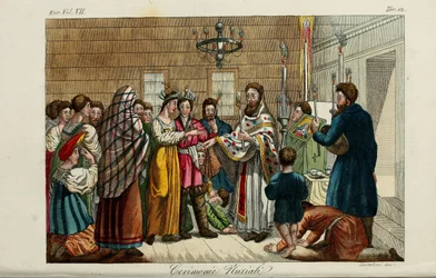 The Betrothal. Illustration from Il costume antico e moderno o storia del governo by Giulio Ferrario, 1831