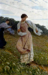 "Brise". Two women in a field play and have fun with their shawl flying in the wind.