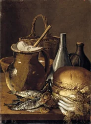 Still Life with Herrings, Green Onions, Bread, and Kitchen Utensils