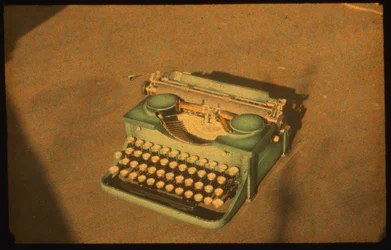 Still life color photograph of a typewriter taken with Autochrome Lumière and a 35mm camera