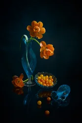Orange Blooms Blue Glass