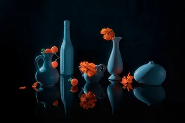 Orange Flowers Blue Vases