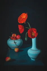 Red Poppies, Cherries, Still Life