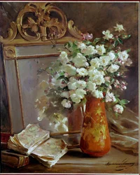 The Red Vase Still Life with Mirror, Bouquet of Flowers and Book