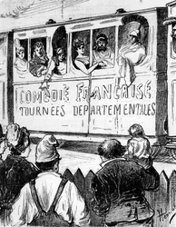 The cast of the Comédie Française on tour in France in a special train, makes a halt to give countryfolk a glimpse of the theatre