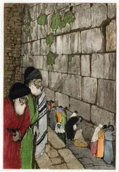 Jews in front of the Wailing Wall, the only remnant of the Temple of Jerusalem built by King Solomon in -950. Engraving by Manuel Orazzi (1860-1934), in L