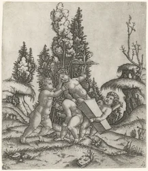 Amor and Two Putti or Children Carrying a Statue of Putti with Winged Anchor on Pedestal